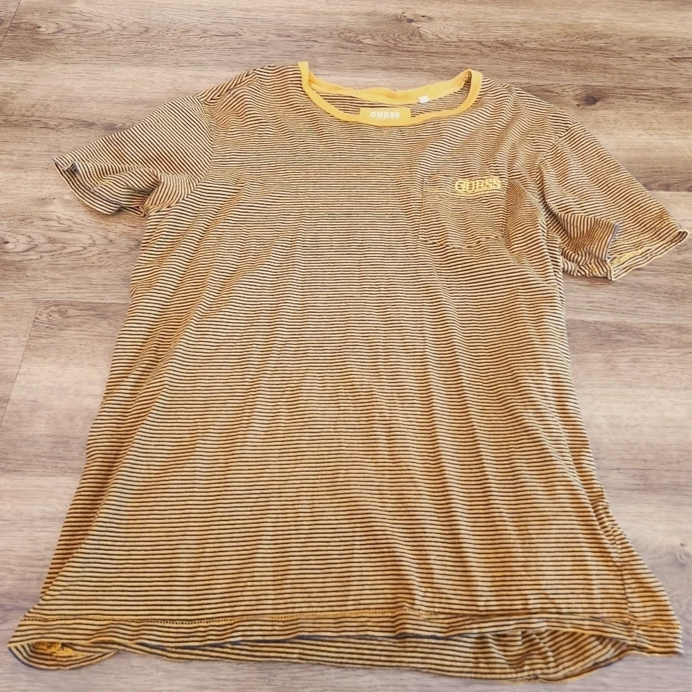 Guess Orange & Blue Stripe Pocket Logo T-Shirt - Picture 1 of 1